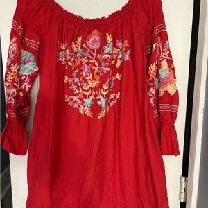 Free People Red Floral Embroidered Dress